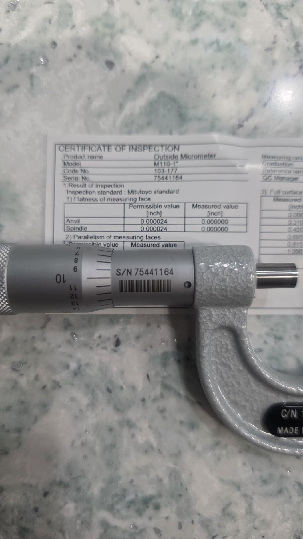 Mitutoyo 103-177, 0-1 X .001 Outside Micrometer, Ratchet customer photo 1