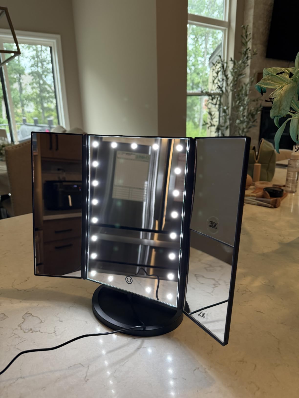 deweisn Dresser Mount Tri-Fold Lighted Vanity Mirror with 21 LED Lights, Touch Screen and 3X/2X/1X Magnification, Two Power Supply Modes Make Up Mirror,Travel Mirror customer photo 2