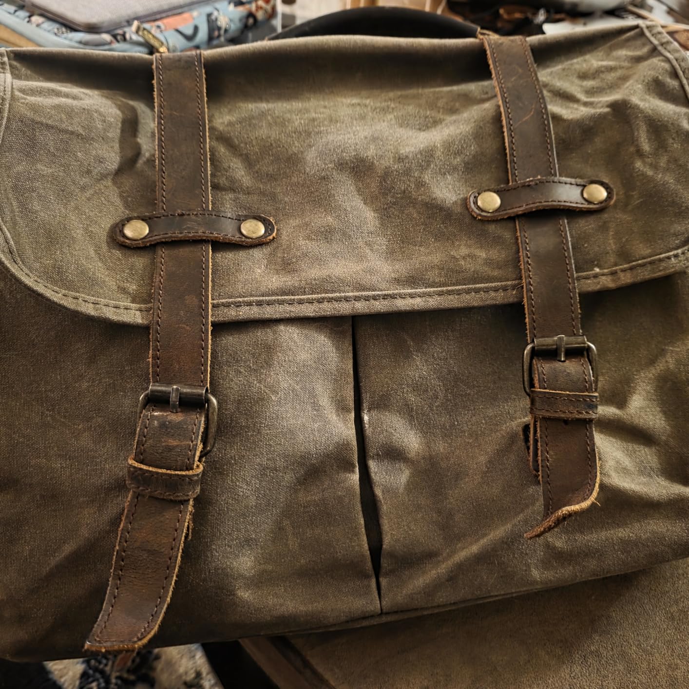 Mens Messenger Bag 15.6 Inch Waterproof Vintage Genuine Leather Waxed Canvas Briefcase Large Satchel Shoulder Bag Rugged Leather Computer Laptop Bag, Khaki customer photo 2