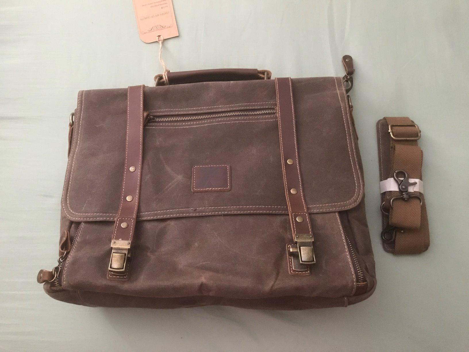 Manificent Laptop Messenger bag for Mens 15.6 Inch, Waterproof Vintage Genuine Leather Mens Briefcase shoulder bag 16 Storage Pockets, Waxed Canvas Leather Computer Business Satchel Work Bag (Brown) customer photo 1