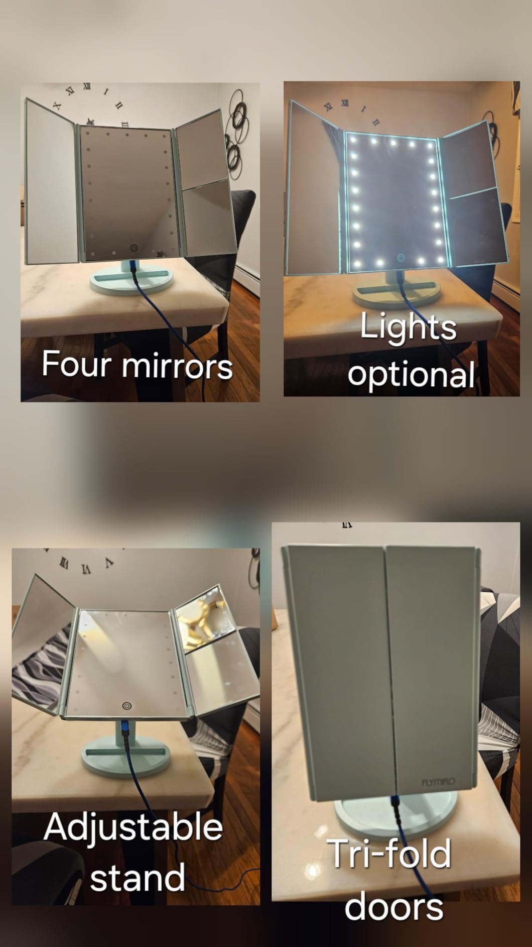 Flymiro Tri-fold Lighted Vanity Makeup Mirror with 3x/2x Magnification,Light up Mirror for Makeup,Touch Screen 21 LEDs,180° Rotation Countertop Cosmetic Mirror,Gifts for Women Mom Teen Girls customer photo 1