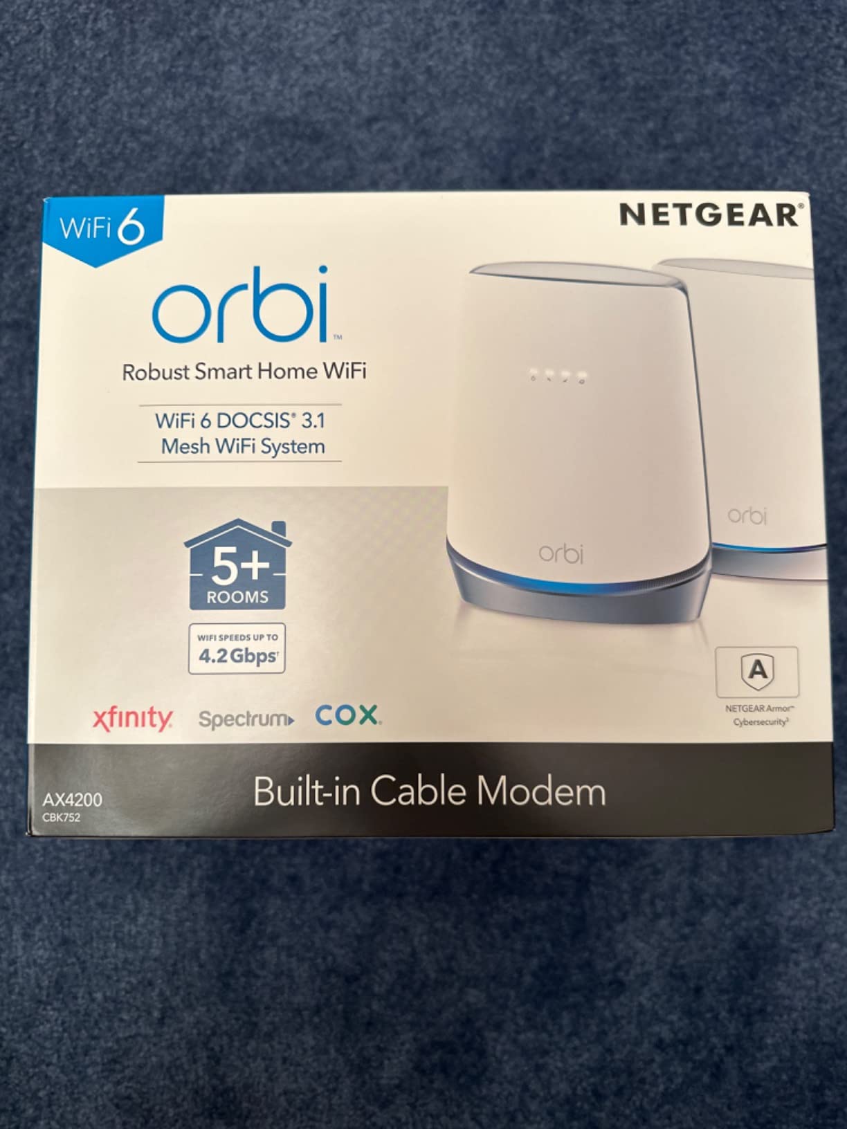 NETGEAR Orbi Cable Modem Router Combo Mesh System (CBK752) DOCSIS 3.1 – AX4200 WiFi 6 (4.2 Gbps) – Certified with Xfinity (up to 900Mbps, Spectrum & Cox (up to 1Gbps) – Covers 5,000 sq.ft. customer photo 2