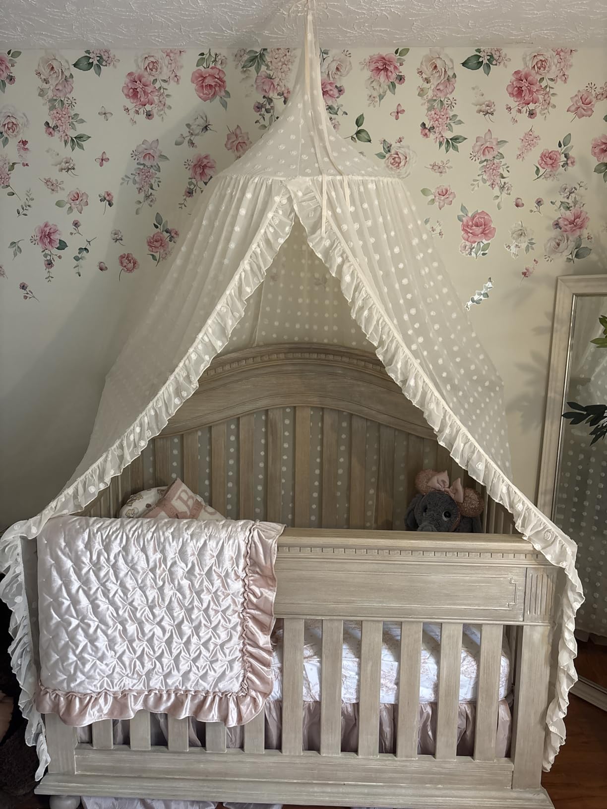 Wonder Space Elegant Kids Bed Canopy - Lace Chiffon Netting with Pom Pom, Princess Girls Fairy Dream Tent, Nursery Room Baby Crib Hanging Curtain Mosquito Net Children Reading Nook Decoration (Beige) customer photo 2
