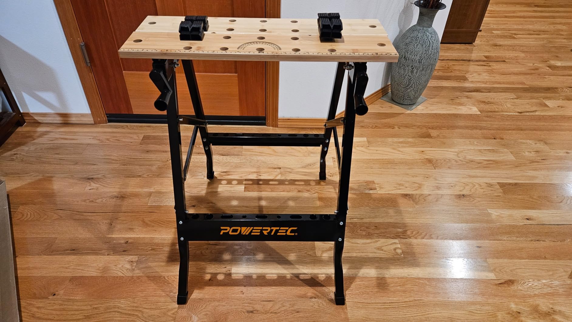 POWERTEC Portable Small Workbench with Vise, Imprinted Ruler and Protractor Scale, Folding Sawhorse/Worktable and 4 Bench Dogs for Woodworking Projects (MT4006V) customer photo 1