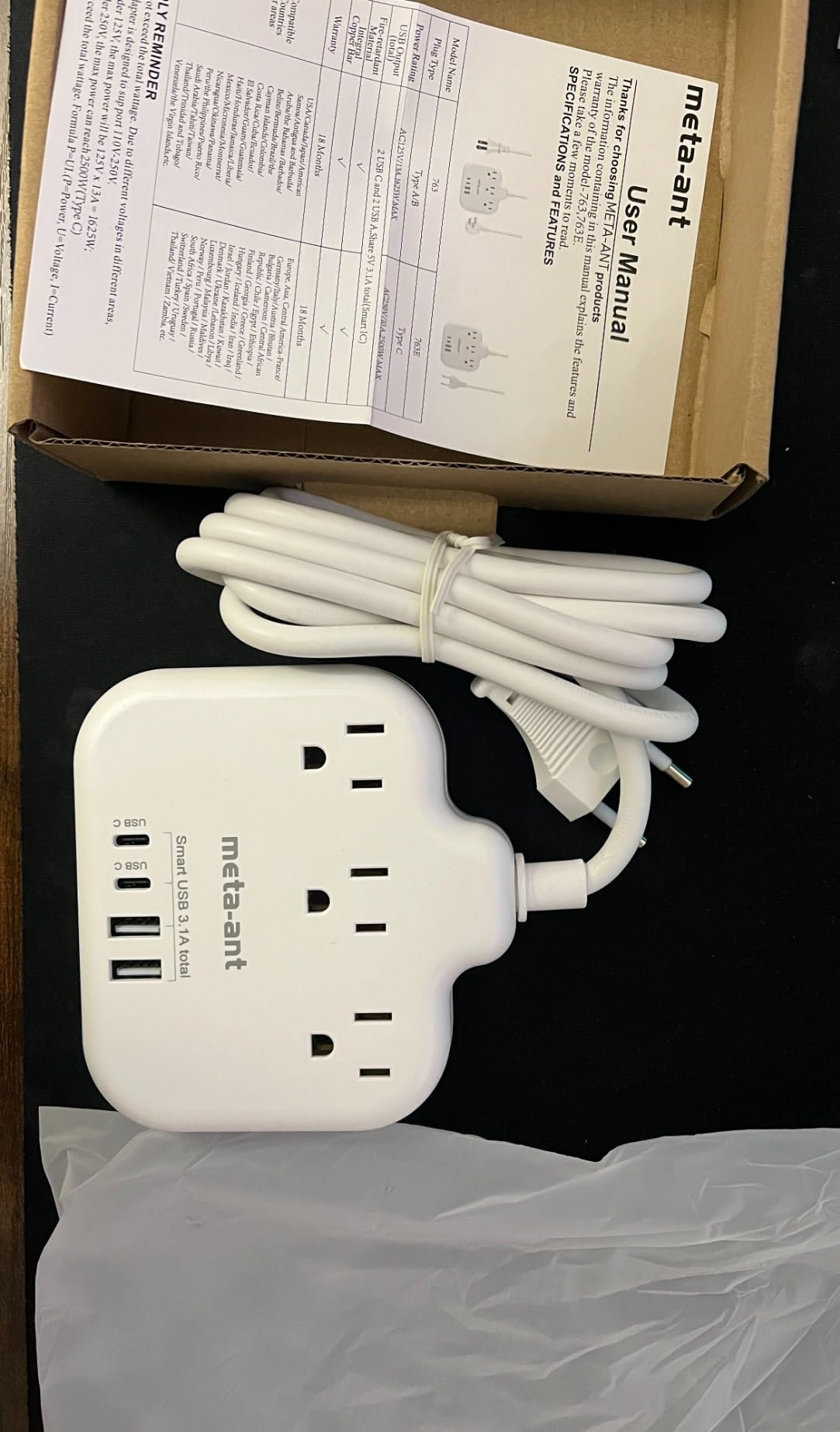 European Travel Plug Adapter, US to European Plug Adapter with 3 American Outlets & 4 USB, 3ft European Power Cord, International Travel Power Strip, Type C for Europe EU Germany France, Travel, White customer photo 1