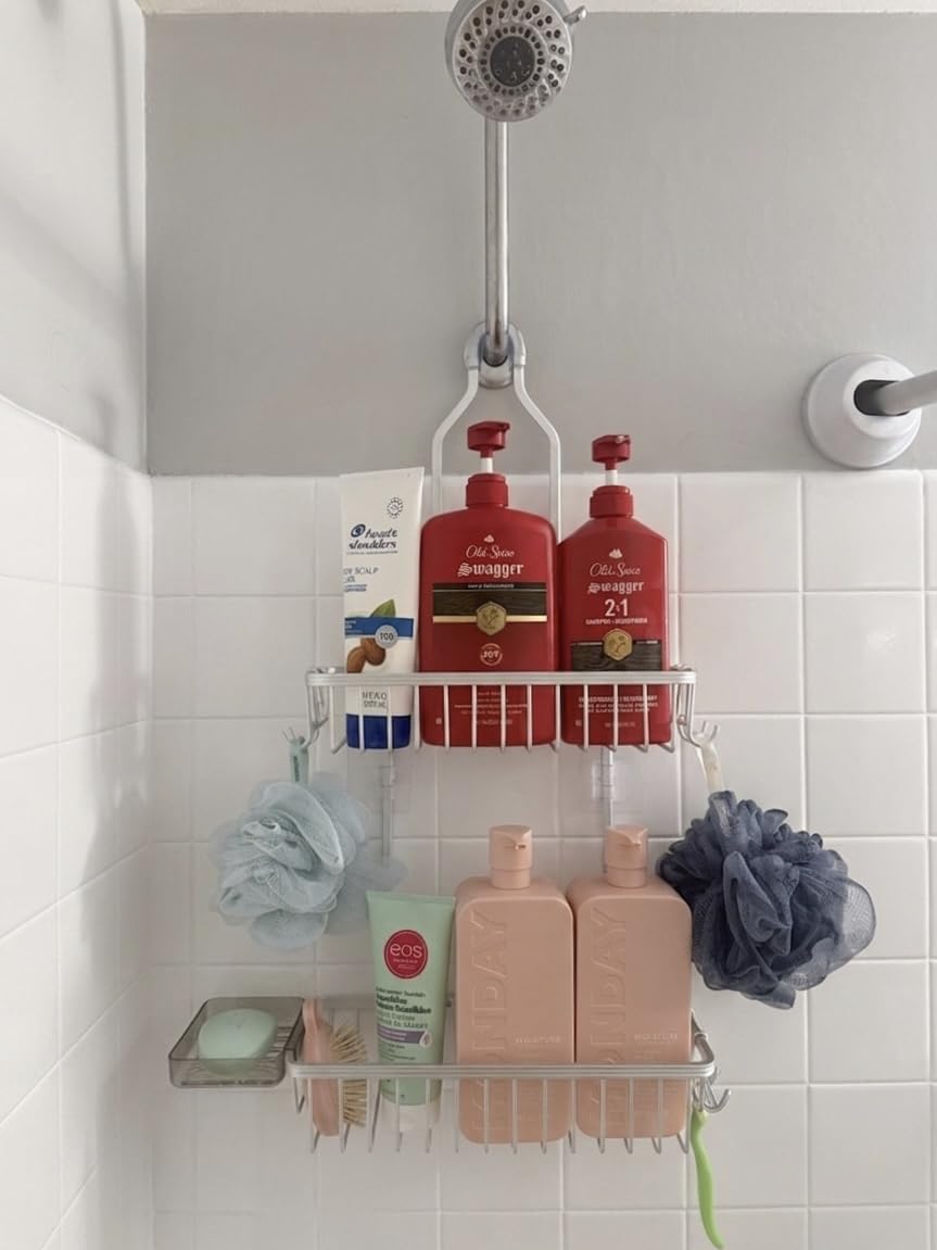 YASONIC Never Rust Shower Caddy Hanging, Aluminum Shower Racks for Inside Shower, 3-Tier Shower Organizer Hanging Over Shower Head with Hooks and Soap Holder, Silver customer photo 1