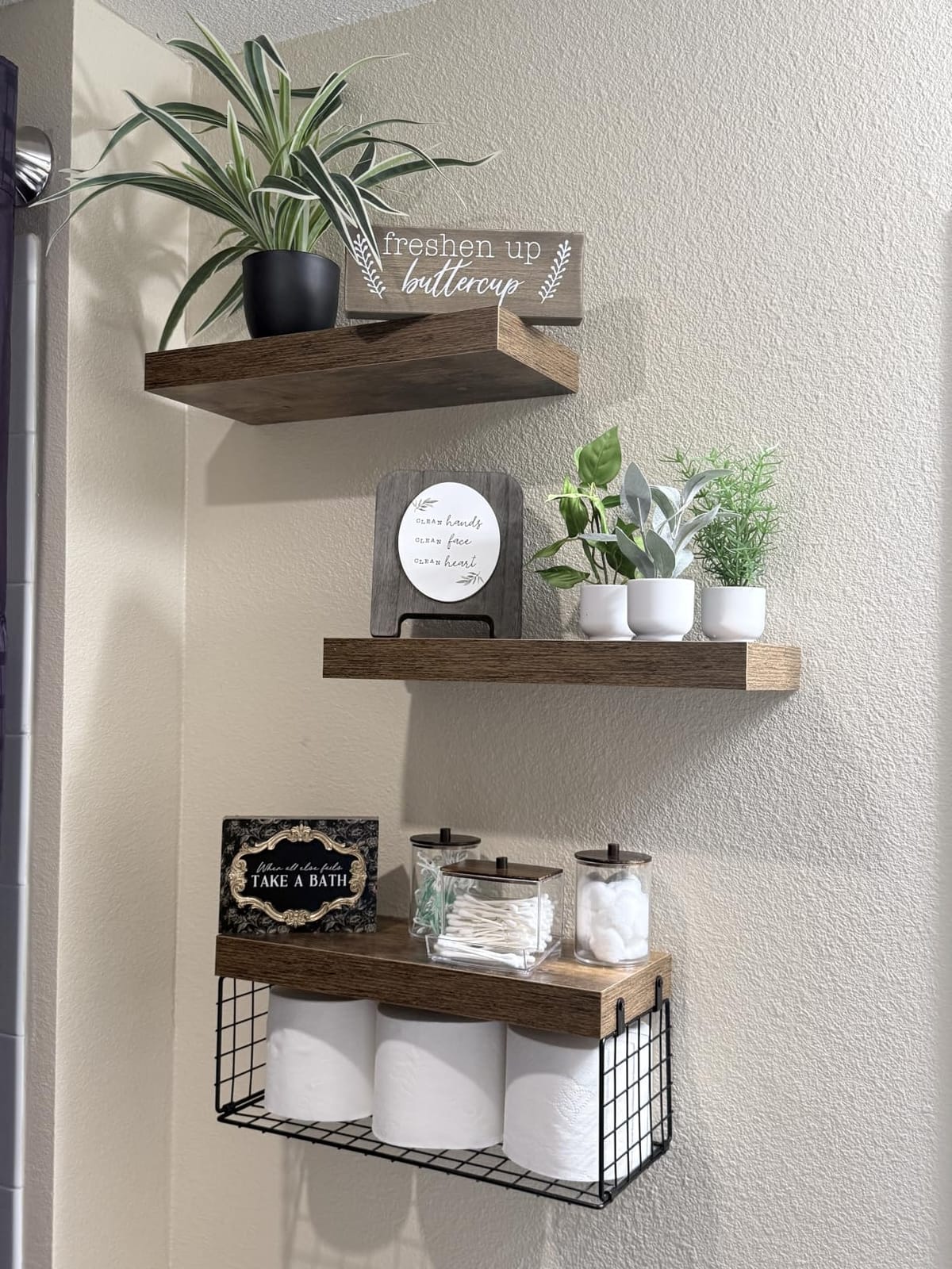 QEEIG Bathroom Shelves Over Toilet Wall Mounted (Brown, Set of 3, 15.7