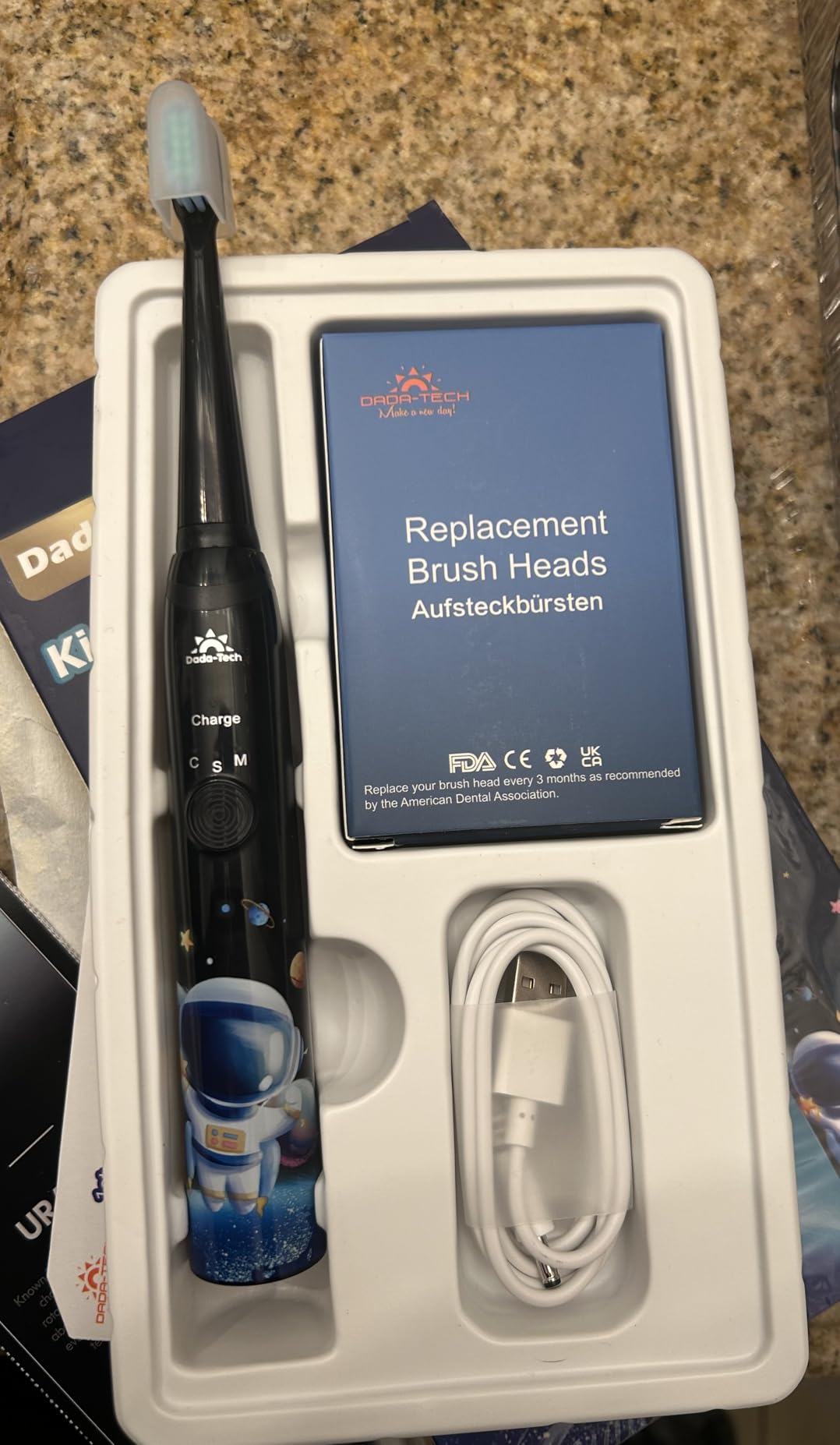 Kids Electric Toothbrush Rechargeable Age 3-5-6-12-18 Year Old, Sonic Toothbrush Kids with Timer 3 Modes 4 Vibrating Heads Habit Stickers Tooth Brush for Girls Boys and Childrens (Astronaut Black) customer photo 2