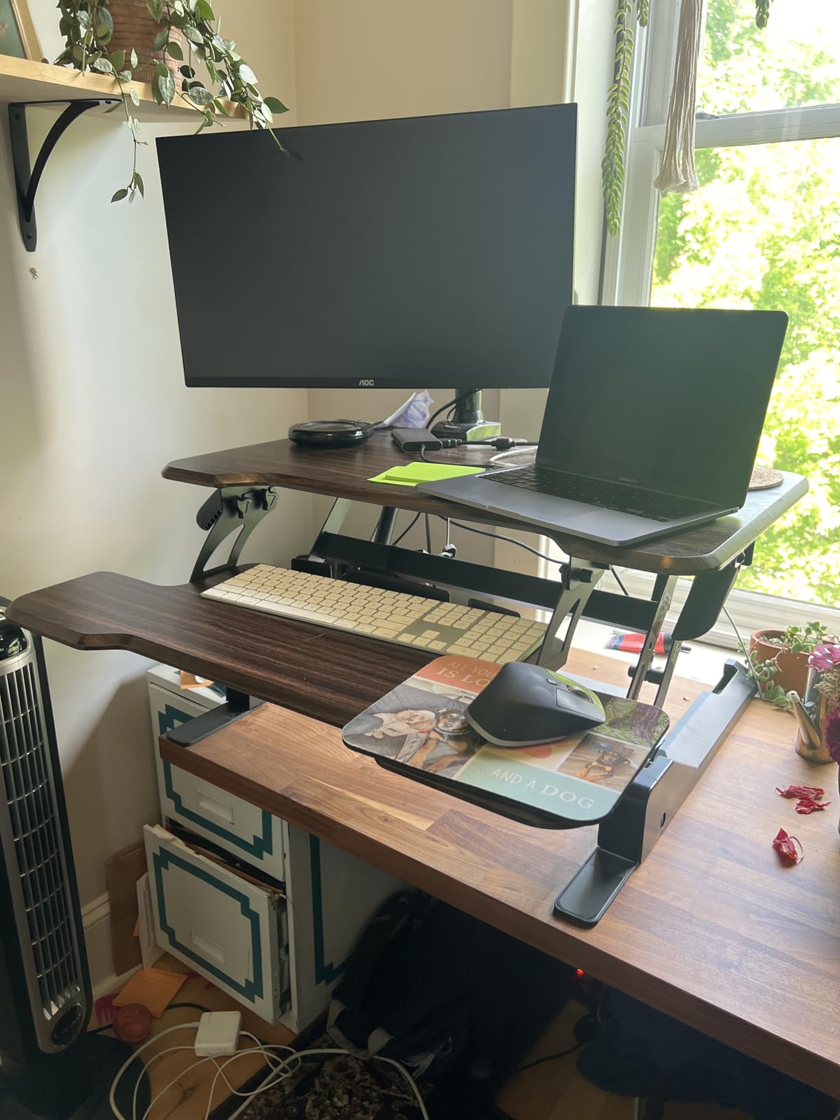 Mount-It! Height Adjustable Standing Desk Converter, Compact 30” Wide Tabletop Standing Desk Riser with Gas Spring, Desktop Stand Up Workstation with Keyboard Tray Fits Monitor or Laptop, Dark Walnut customer photo 1