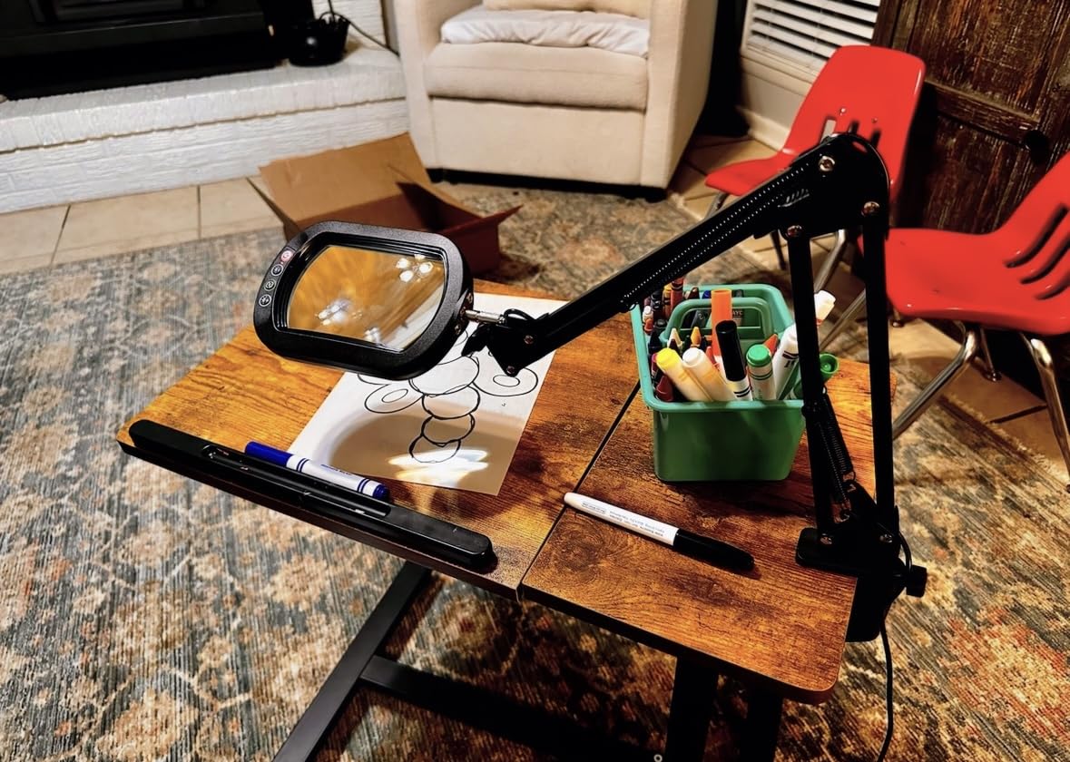Drdefi 12X Square Magnifying Glass with Light and Stand, Real Glass LED Lighted Magnifier, 5 Color Modes Stepless Dimmable, Hands-Free Mag Desk Lamp with Clamp for Reading Craft Hobby Close Work Black customer photo 1