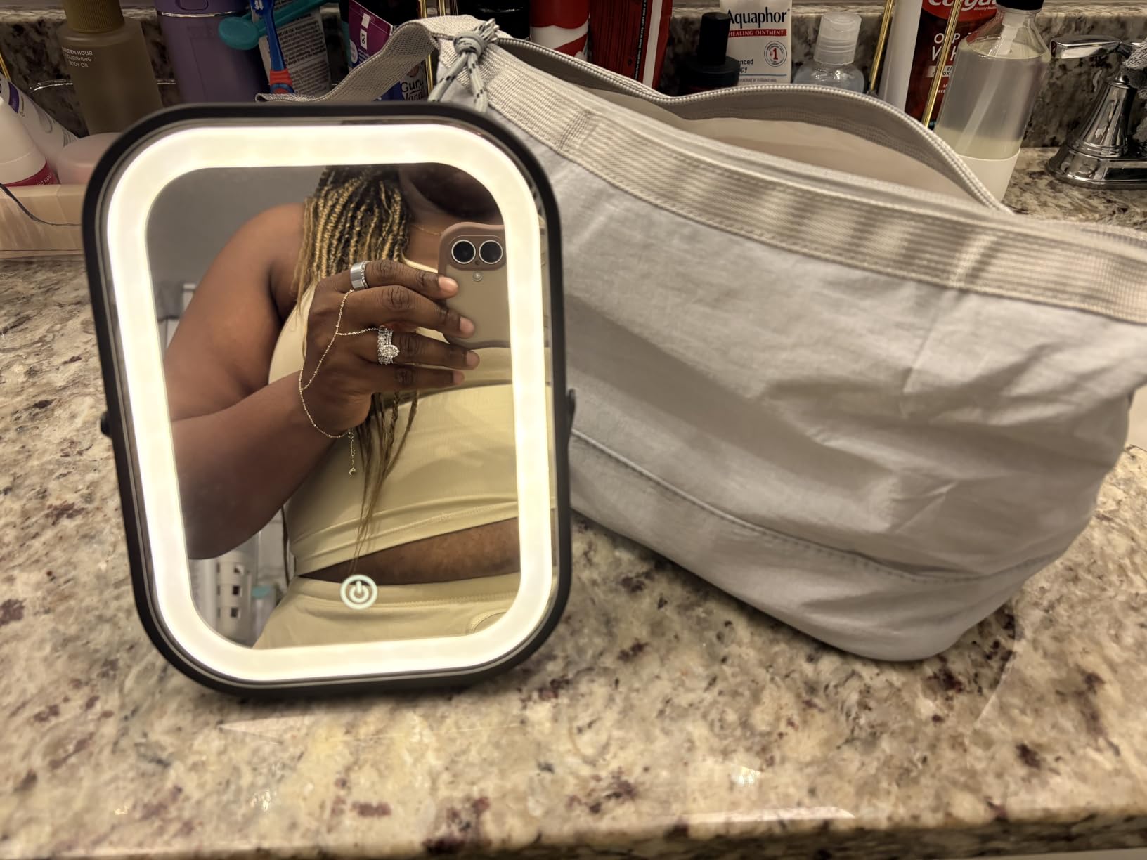 YEKKOPT Travel Makeup Mirror with Lights, Portable Small Beauty LED Vanity Mirror with Lights, 1200mAh Battery, Dimmable Touch Screen, Tabletop Folding Compact Mirror,Women Gift customer photo 2