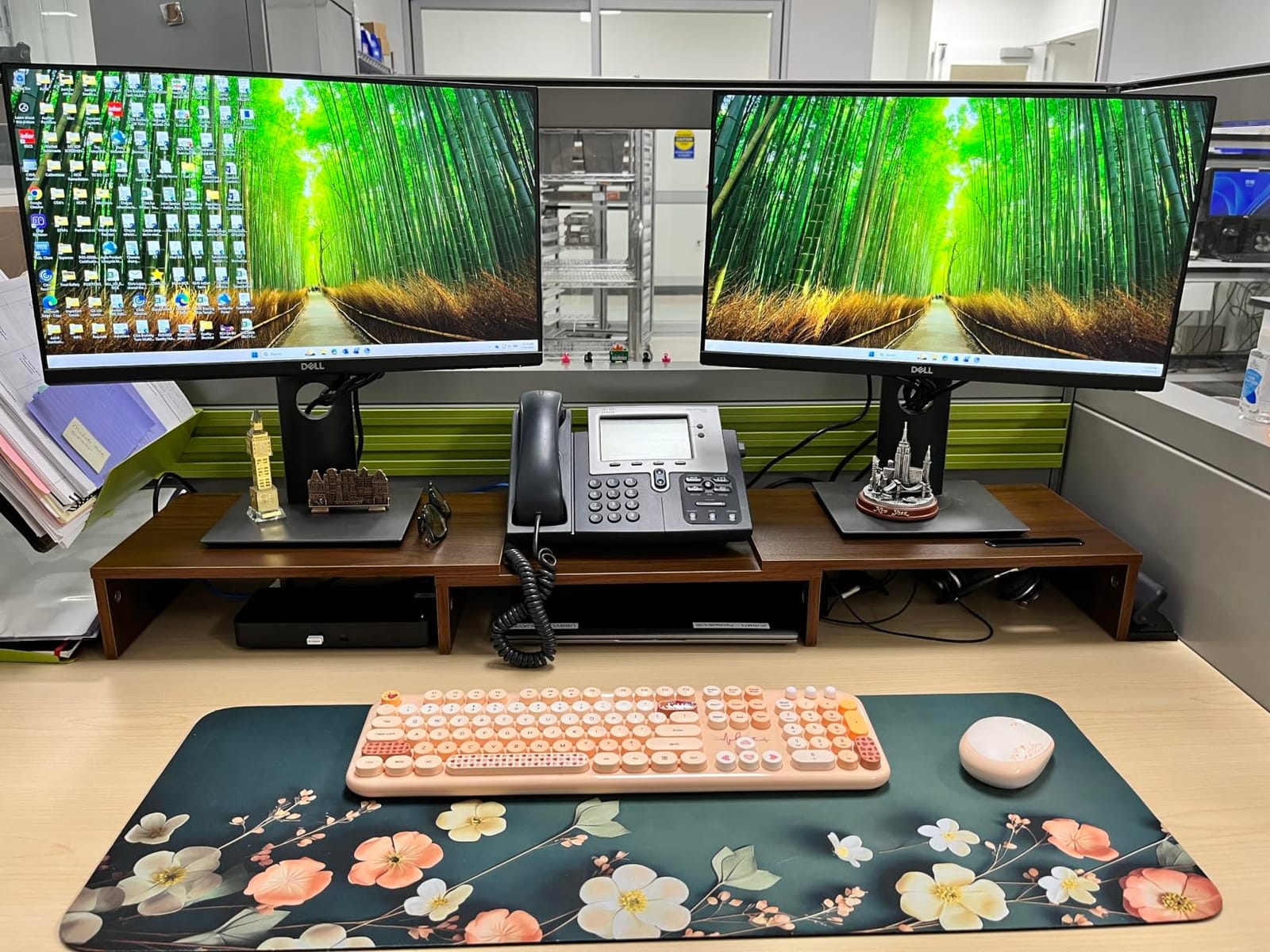 BONTEC Dual Monitor Stand Riser, Adjustable Length & Swivel Angle, Walnut customer photo 1